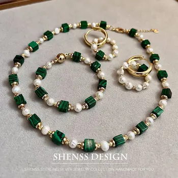 Natural Freshwater Pearl Necklace Synthetic Malachite Bracelet Earring Plated 14K Gold Accessories