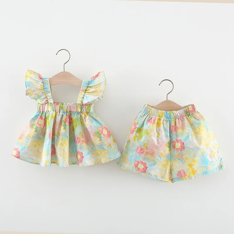 2Pcs/SetChildren's clothing summer girl oil painting style sweet flying sleeve suspender top and shorts two-piece set