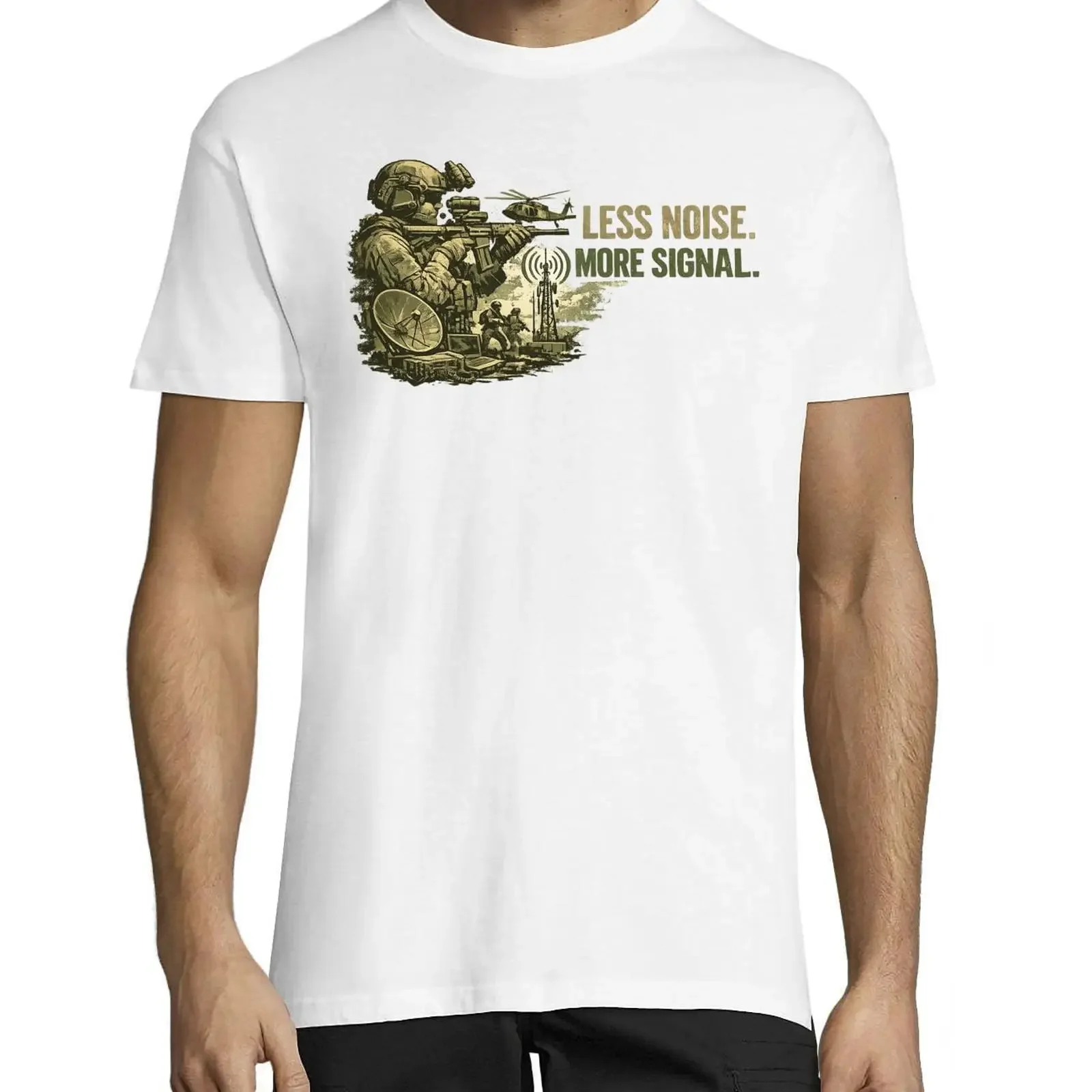 Militaire Communication et Opérations Tactiques Illustration Col Rond Coton Homme T Shirt Blanc vintage Washed Casual homme