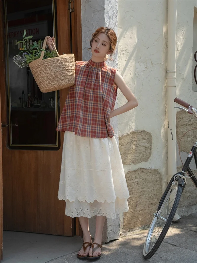 Women's Shirt Fashion Contrast Red plaid Temperament Sleeveless Vest Doll Shirt Female Summer Bow tie Korean Loose Slim Top New view 2
