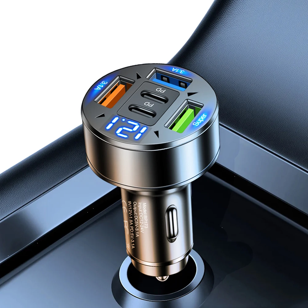 100W 5 Ports Car Charger Fast Charging PD QC3.0 USB C Car Phone Charger Adapter With Voltage 12V-24V Cigarette Lighter for Car image 5