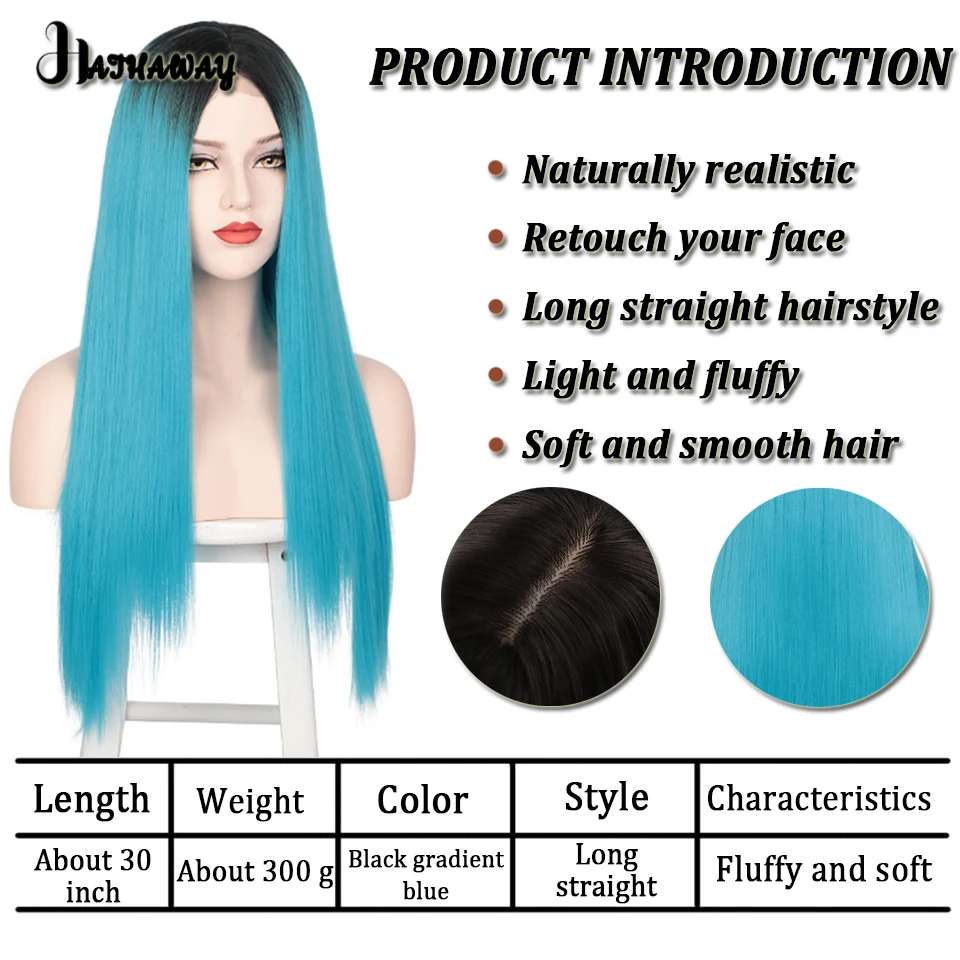 Synthetic Wig 30 Inch Black Gradient Blue Long Straight Hair Wig Women Smooth And Light Party Holiday Activities Daily Wear Wig