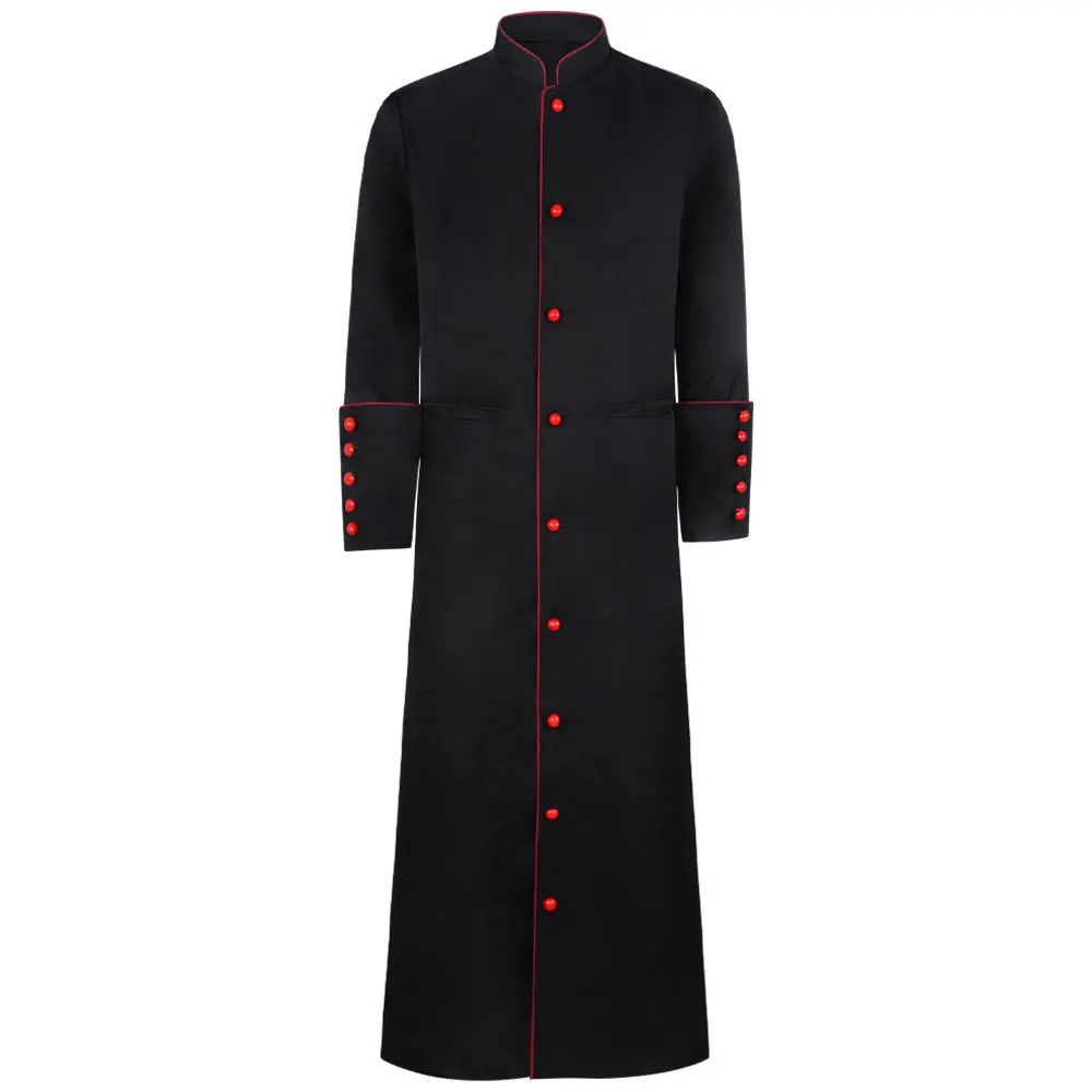 Men Stand Collar Church Priest Robe Trench Jacket Cassock Clergy Preacher Minister Choir Roman Pastor Halloween Costume