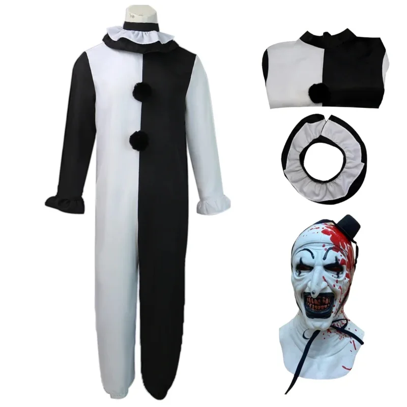 Clown Cosplay Costume Mask Terrifier Jumpsuit Men Kids Halloween Party Horror Black White Bodysuit Art The Clown Clothes Set