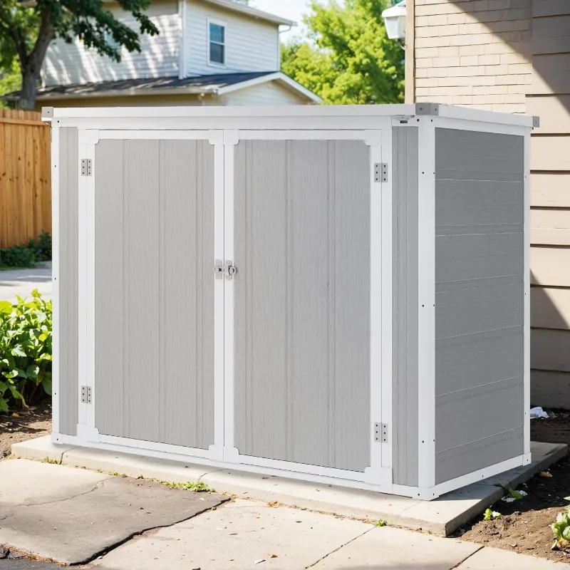 4.7x2.5 FT Horizontal Resin Storage Shed with Floor, 34.5 Cu Ft Outdoor Storage Cabinet for Trash Cans and Garden Tools