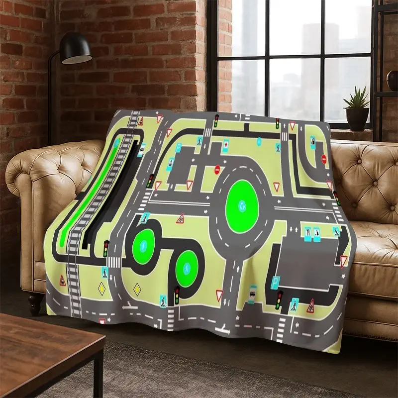 City Traffic Road Highway Runway Child Flannel Blanket Throw Blanket for Bedroom Living Room Bed Travel Camping Picnic Gift