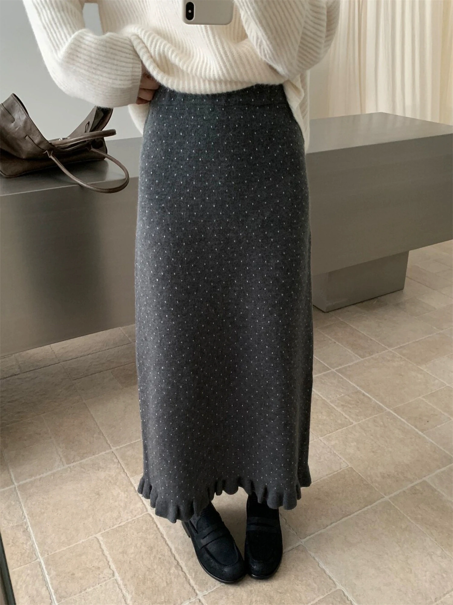 Autumn Winter Knitted Polka Dot Half Skirt Women's High Waist A-Line Long Dress City Commute Vintage Style Back Slit Straight...