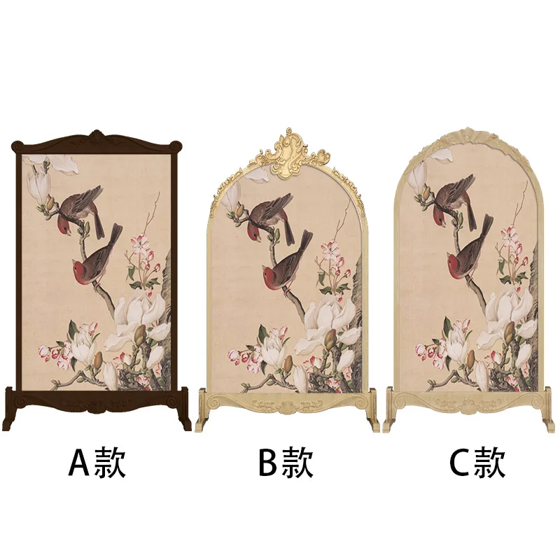 French medieval peach blossom bird solid wood carving flower screen partition living room bedroom blocking entrance home mobile