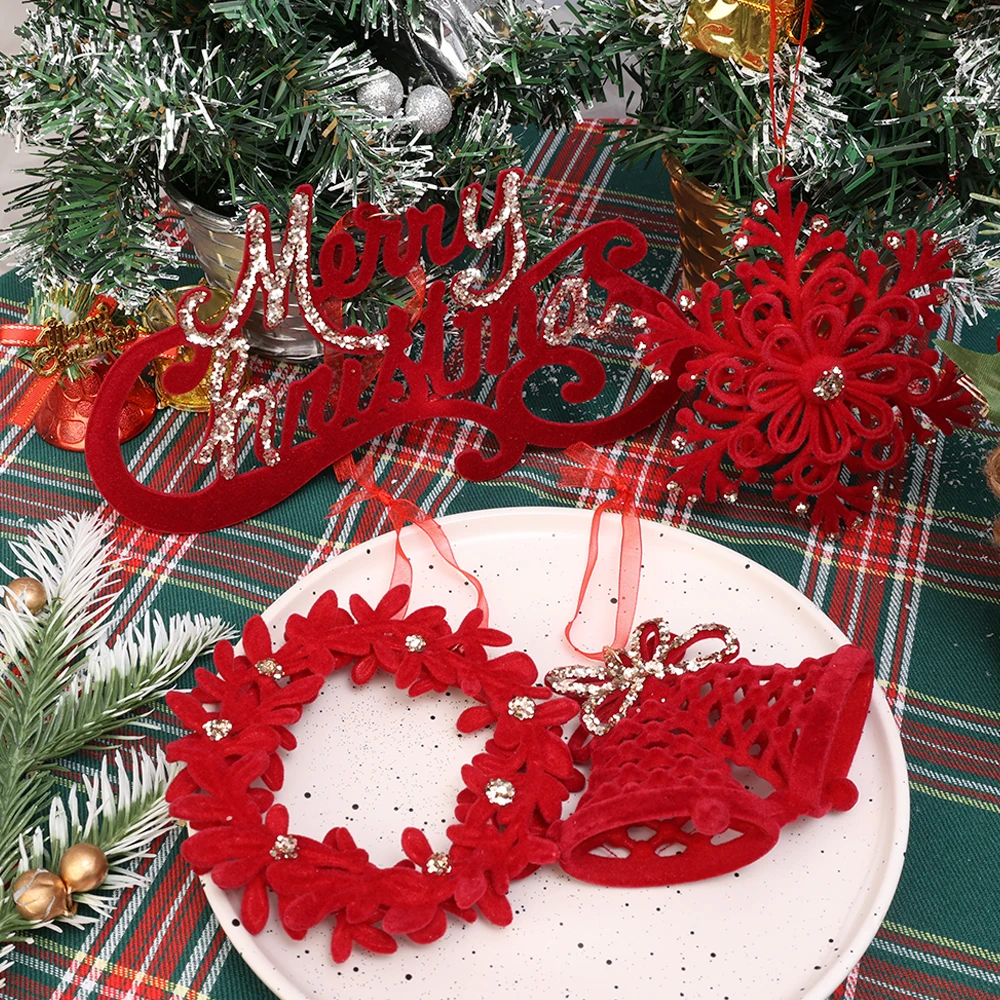 1-3PCS Christmas Red Flocking Hanging Pendant Plastic Ribbon Wreath DIY Crafts Ornament Home Party Xmas Tree Decoration Supplies