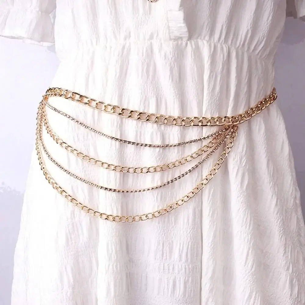 Fashion Metal Waist Chain Rhinestone Inlaid Tassel Decor Body Chain Multi Layer Design Adjustable Rhinestone Belt Daily Outfit