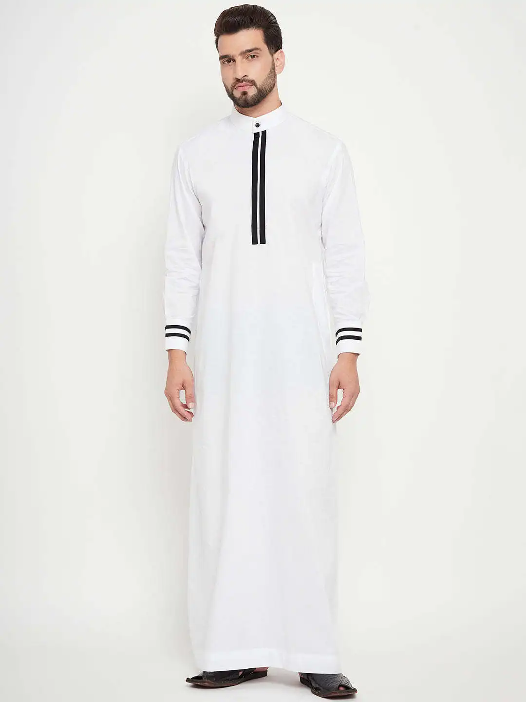 قميص عربي رجالي رداء طويل برقبة دائرية وجيب مخطط وياقة مرقعة في الشرق الأوسط ملابس إسلامية عصرية #1