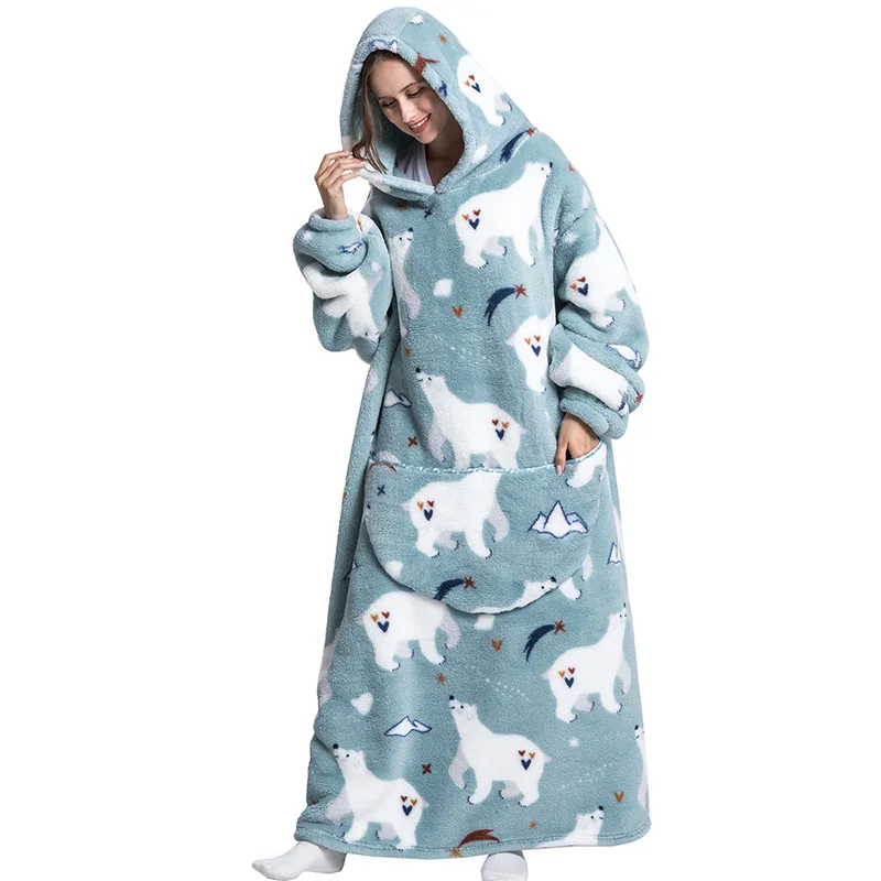 Long Winter Women Robe Unisex Flannel Fleece Hooded Blanket with Big Pockets Warm Adult Homewear Family Mactching Set Sleepwear