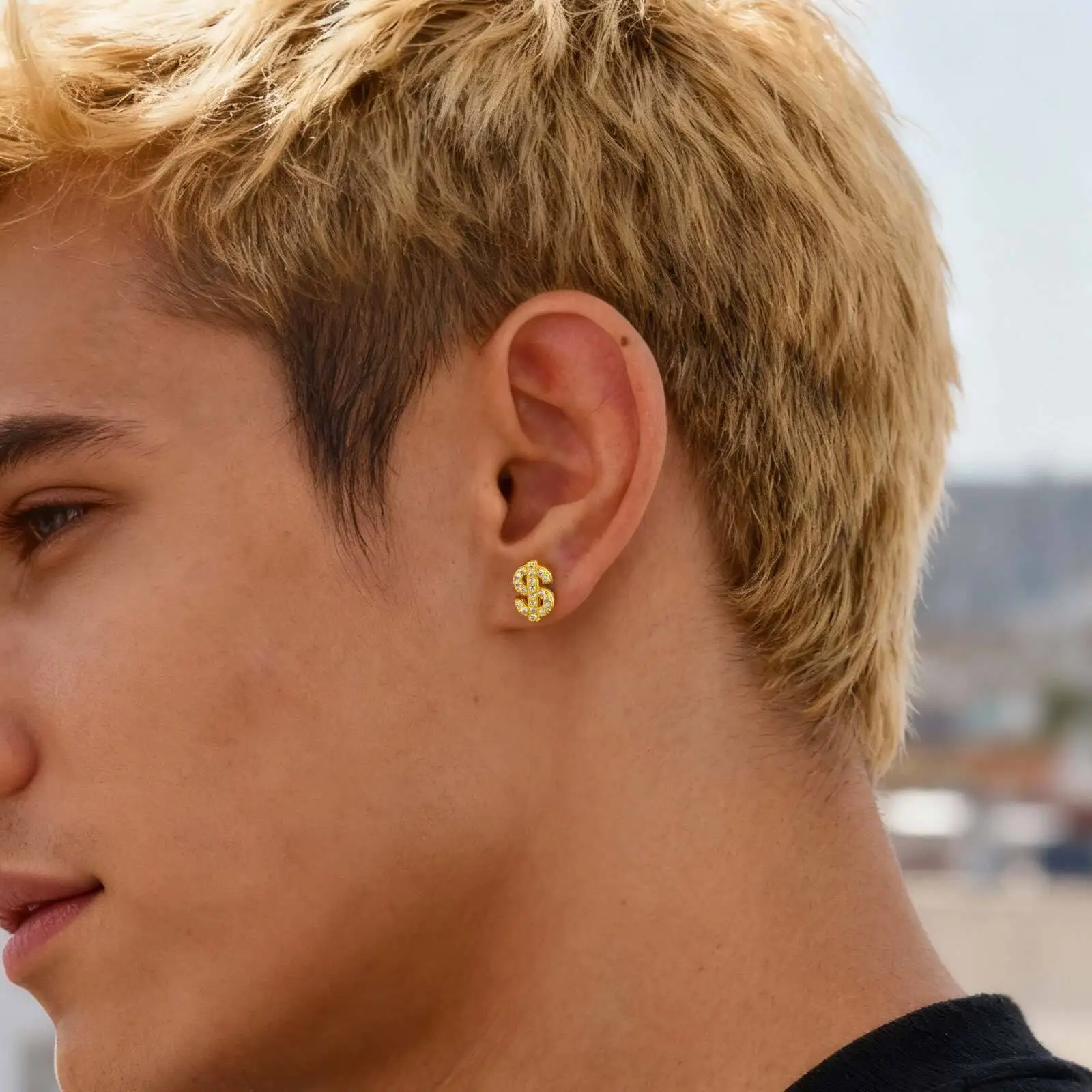Vnox Dollar Sign Stud Earrings for Men Women, Zircon Copper Earrings with Pierced Ear Holes, Hiphop Rock Punk Cool Jewelry Gifts