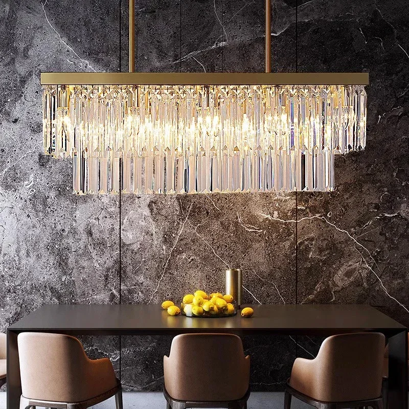 Nordic Crystal Kitchen Island Chandelier Rectangle Luxury Pendant Light for Dining Table Living Room Home Decorations Lustre