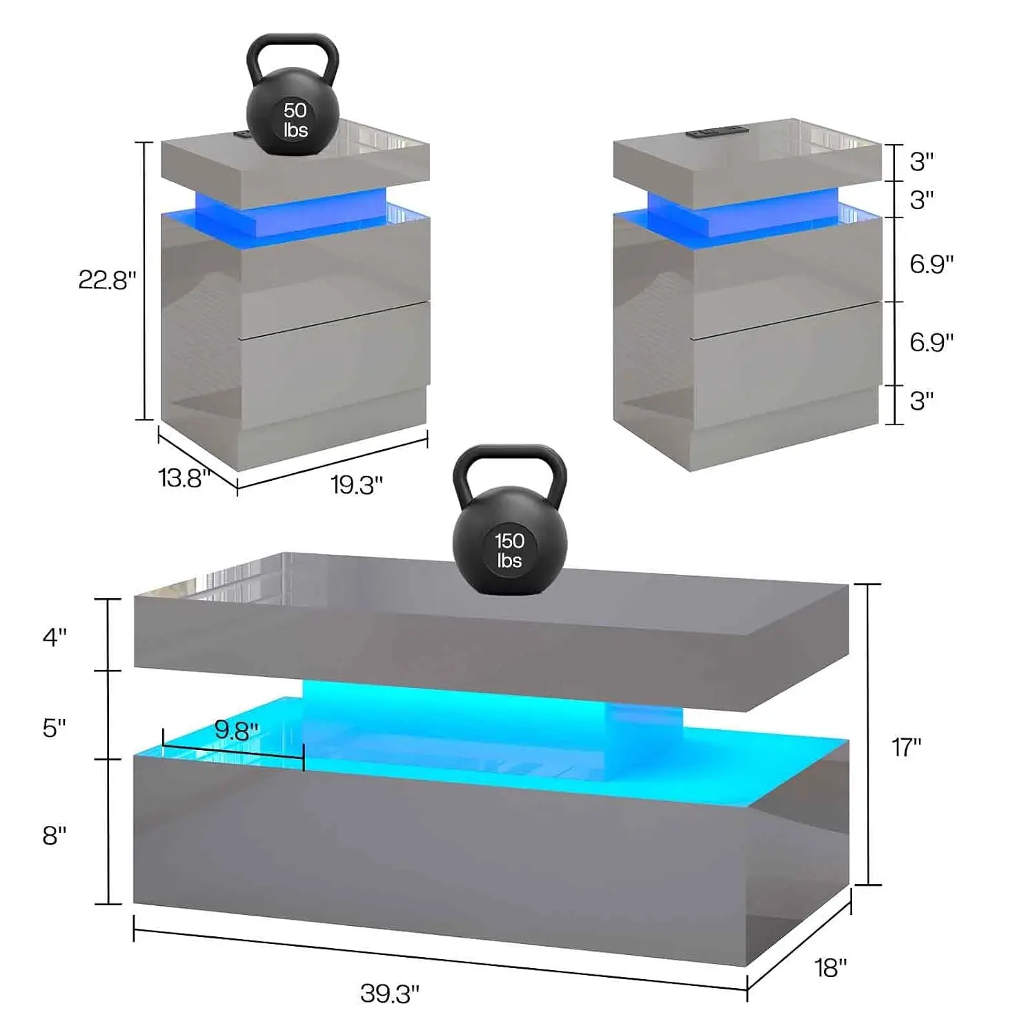 Modern Coffee Table Set with LED Lights 3-Piece Living Room Furniture, Customized