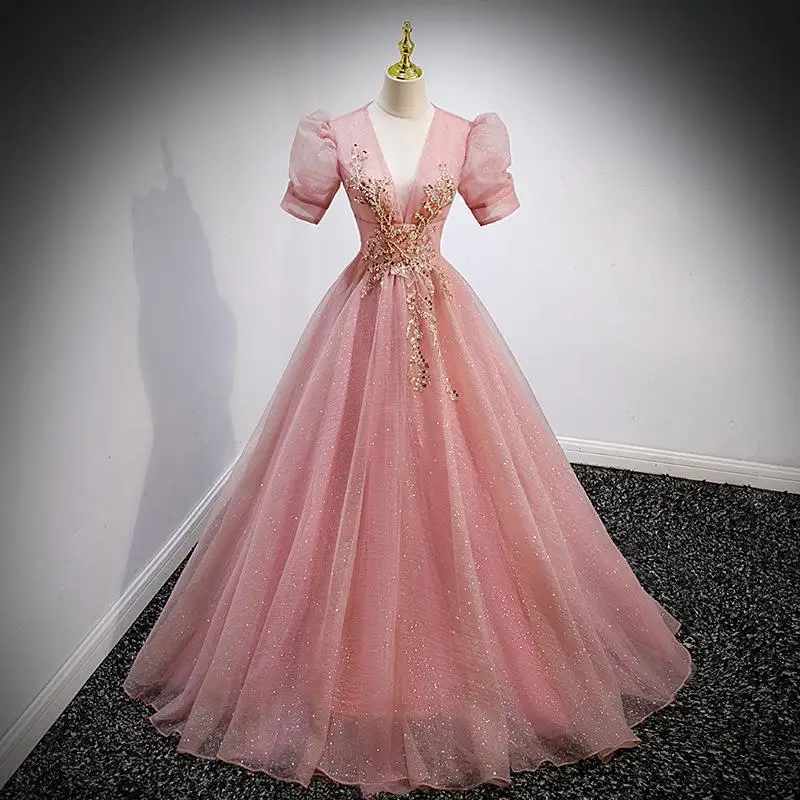 

Pink Fashion Evening Dress Female French Princess V-neck Elegant Birthday Party Ceremony Princess Quinceanera Dresses Vestido