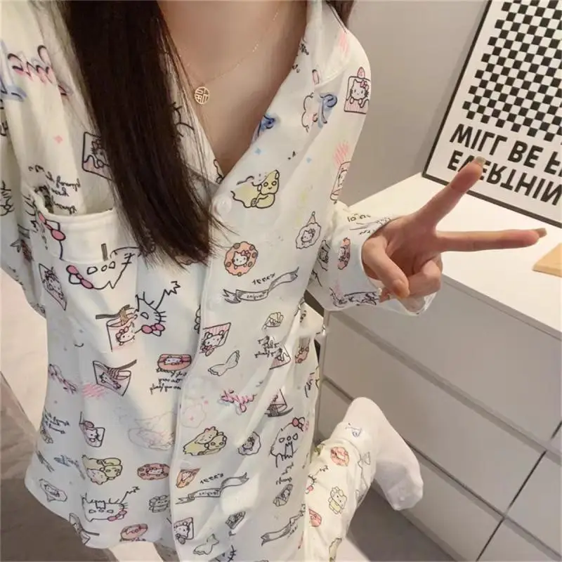 Sanrio Female Long Sleeves Leisure Wear Suit Spring and Autumn Kawaii Hello Kitty Comic Go Out Student Cardigan Pajamas Clothing