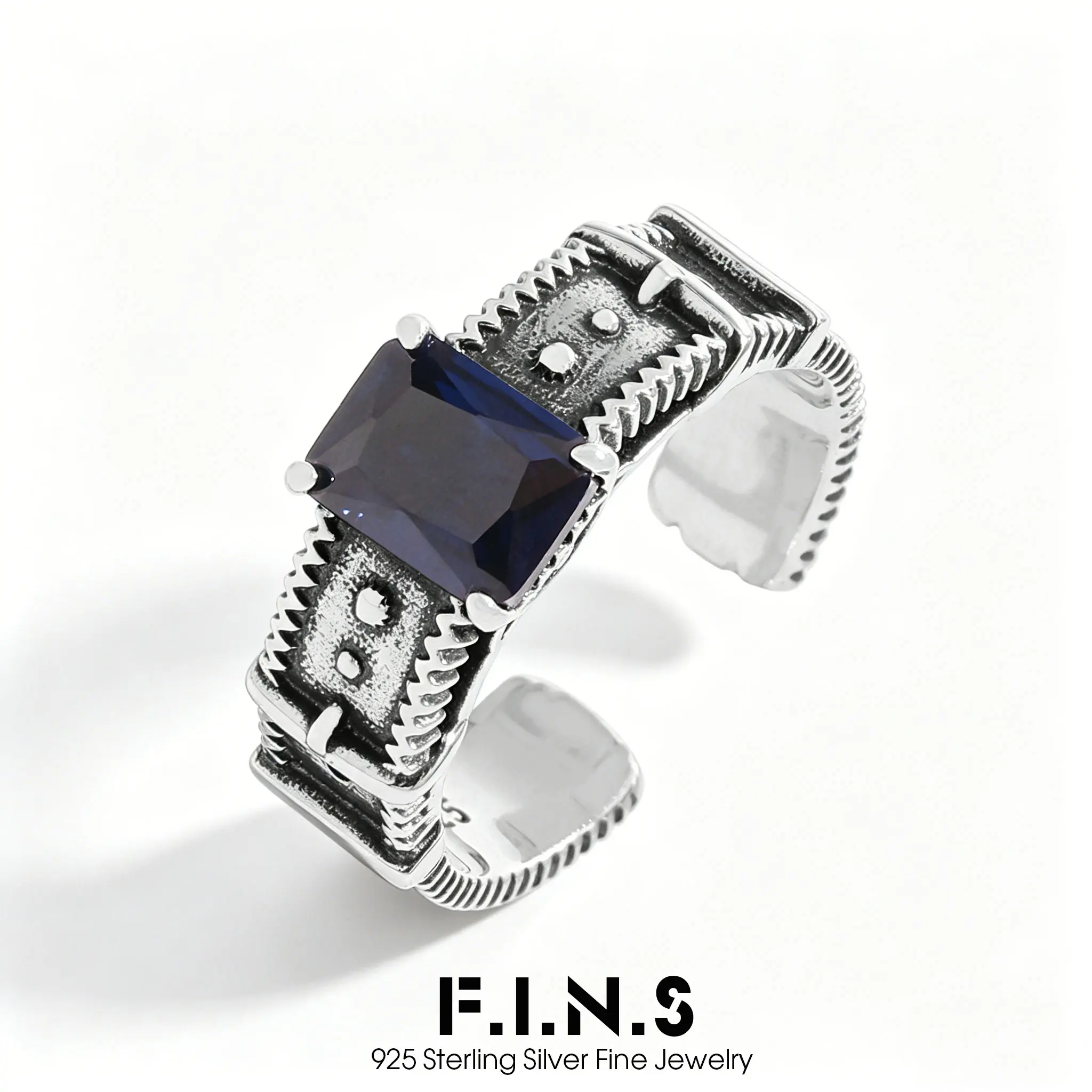 

F.I.N.S Ancient S925 Sterling Silver Blue Zircon Ring Minimalist Antique Finish Thai Silver Open Resizable Mid Finger Jewelry