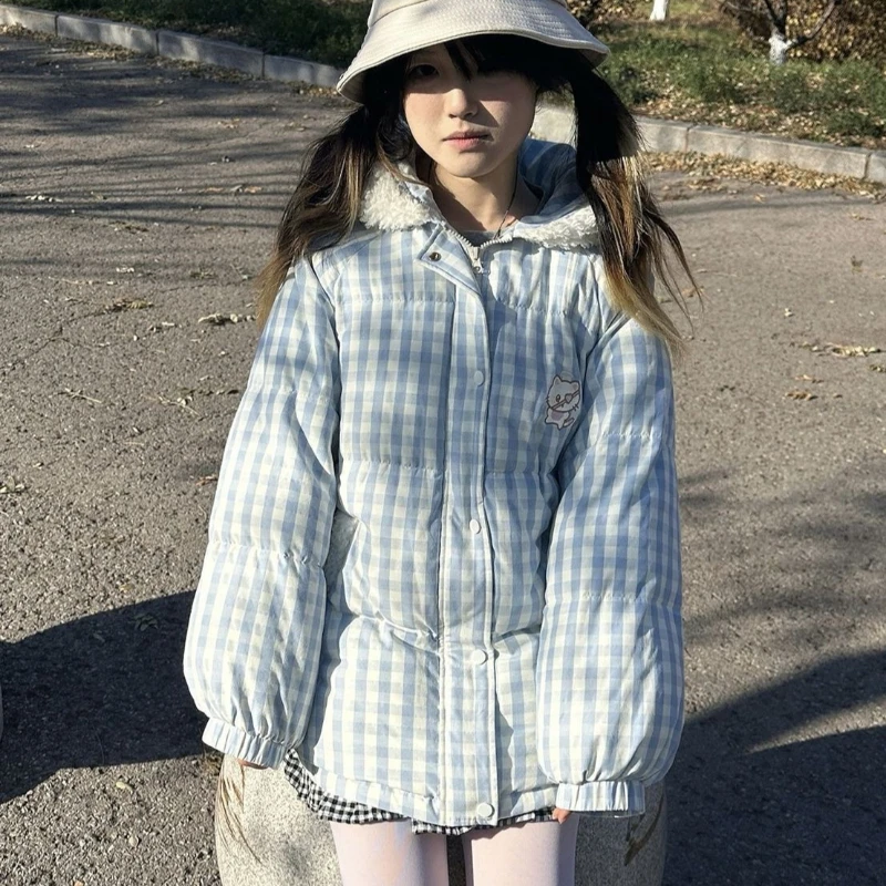 Japanese Kawaii Preppy Style Winter Embroidery Warm Women Parka Cute Embroidery Hooded Tops Plush Velvet Lined Down Padded Coat