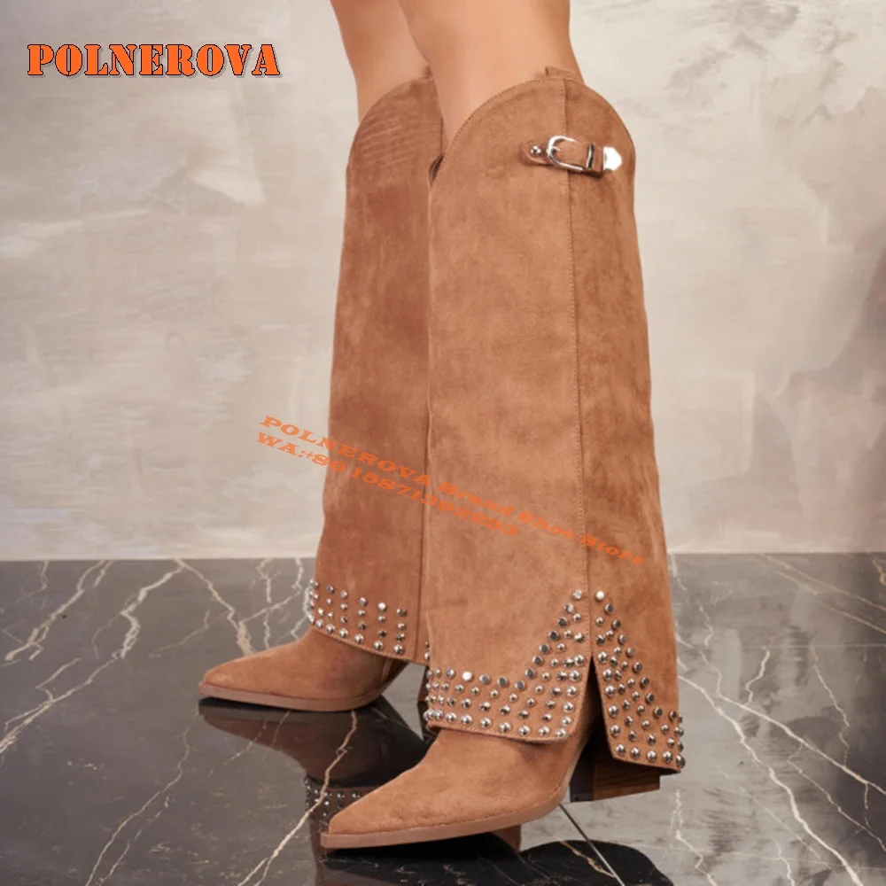 Belt Buckle Rivet Fashion Trouser Boots Pointed Toe Block Heels Pull On Large Size Women Sleeve Boots 2024 New Style Luxury Shoe image 6