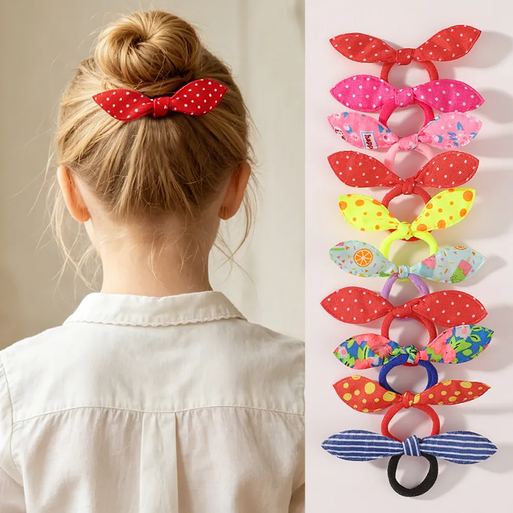 JOLLYPASS 10 Stück/Set Bedruckte Bunte Schleifen-Haarbänder Scrunchie für Kinder Mädchen Elastische Haargummis Kopfschmuck Haaraccessoires