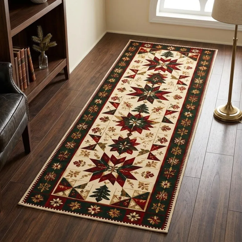 Christmas Runner Rug Green Xmas Tree Gift Box Long Hallway Kitchen Mat Non Slip Washable Floor Carpet Holiday Decor