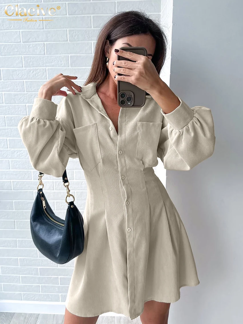 

Clacive Fashion Loose Khaki Women's Dress 2026 Casual Lapel Long Sleeve Mini Dresses Elegant Classic Solid Pleated Female Dress