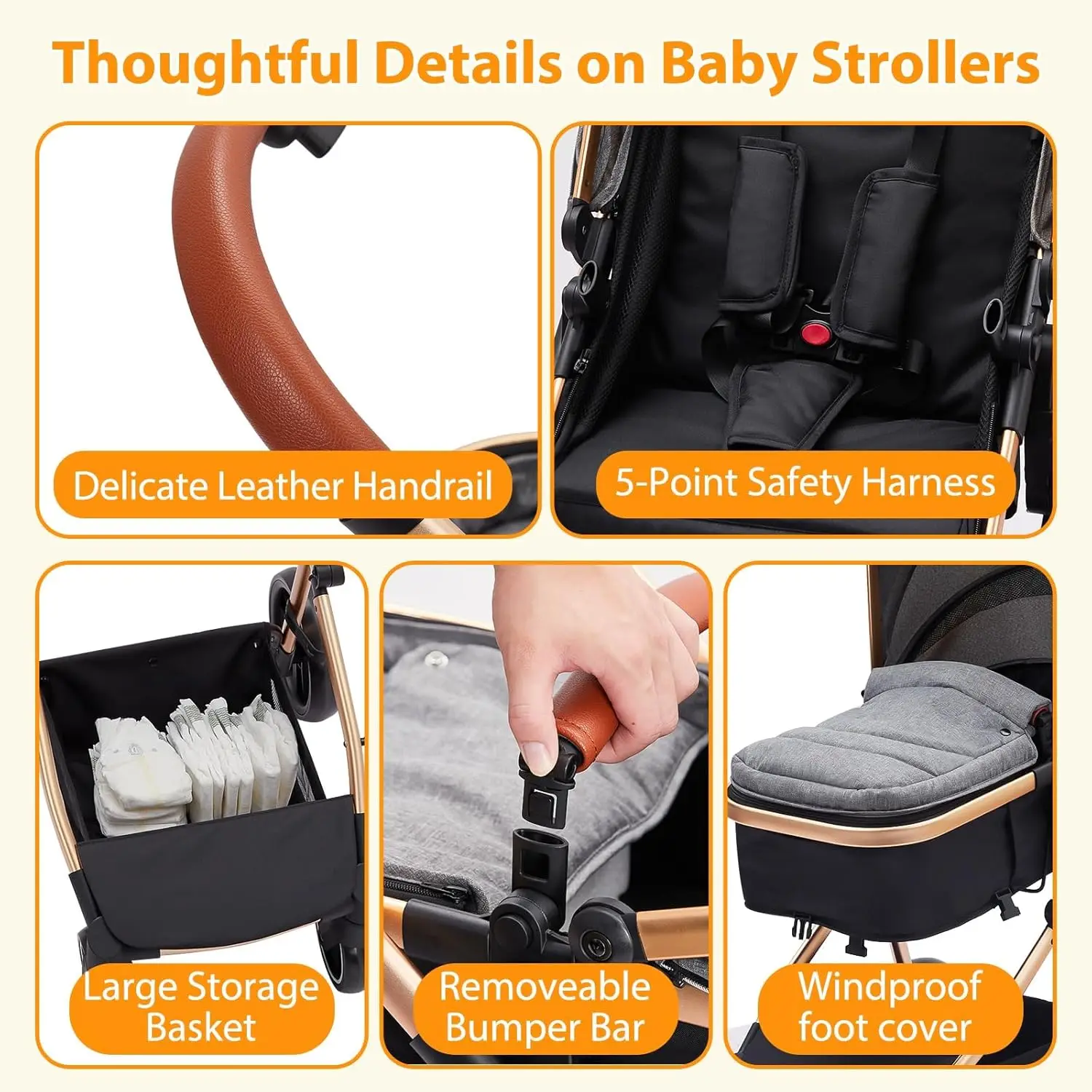 Pram, 3-in-1 Buggy, Travel Systems, Combination Pram, Gold Baby Pram, High Landscape, Foldable Pram Set