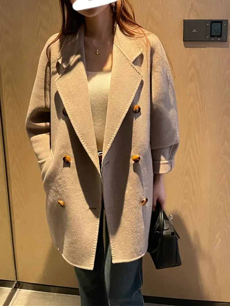 

Jacket for Ladies 2024 New Wool Cashmere Double-Breasted Notched Collar Simple Vintage Long-Sleeved Coat