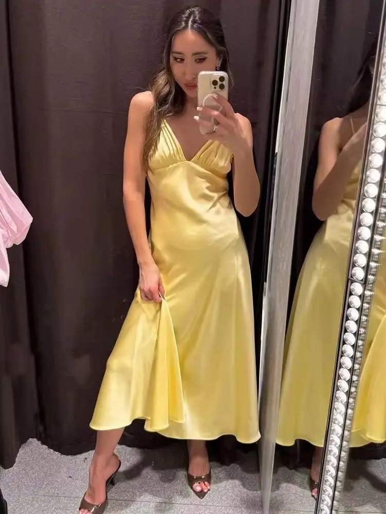 

Женское летнее модное платье HH 2026: сексуальное, с V-образным вырезом, из шелкового атласа, текстурированное, плиссированное, элегантное, с открытой спиной, облегающее, длиной до щиколотки