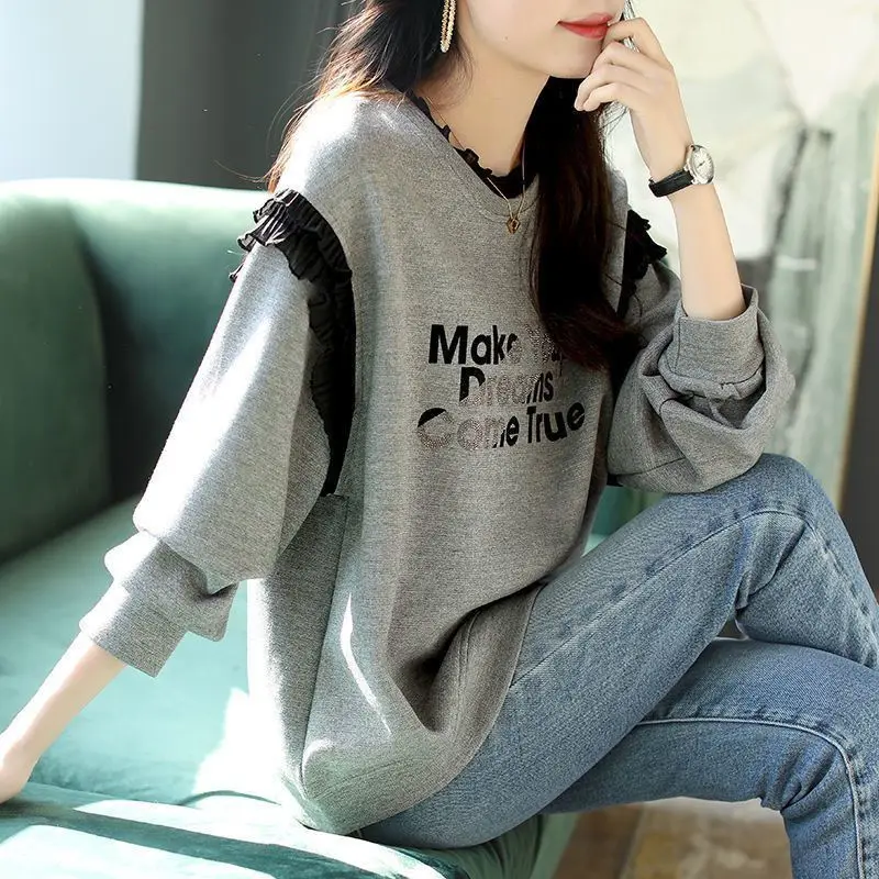 Wood Ear Edge Letter Autumn New Hot Diamond Top 2023 Loose Classic Fashion All-match Slim Casual Grey Sweatshirts Women