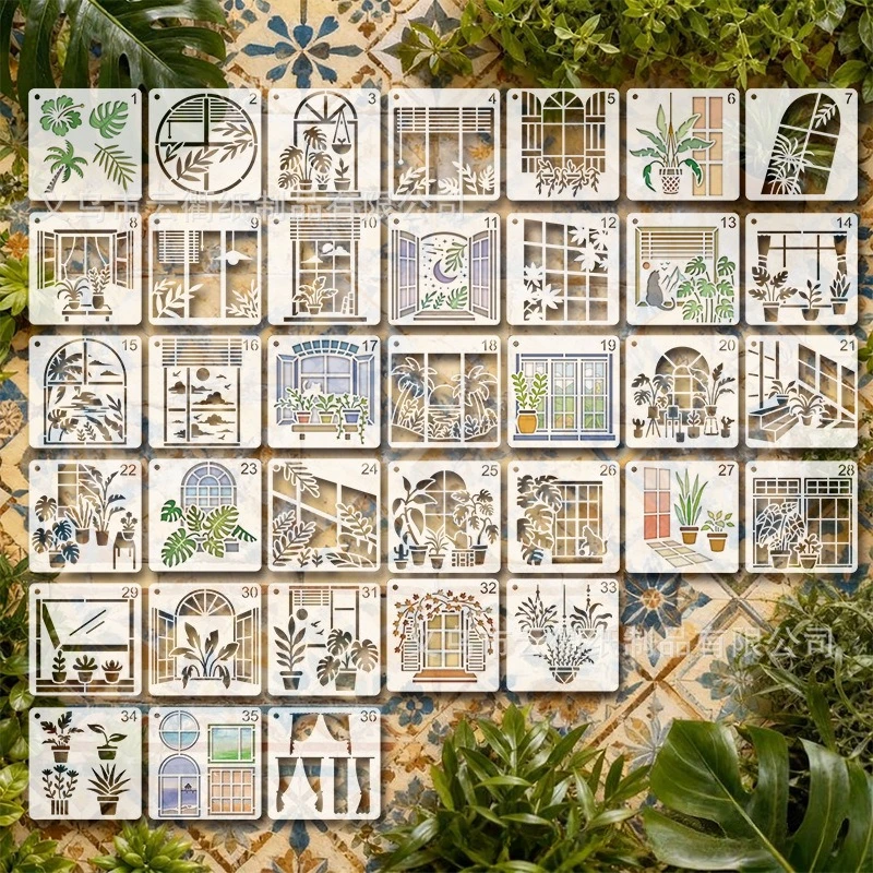 36pcs Reusable PET Vintage Window Hollow Stencils, Plant Greenery Silhouette Painting DIY Graffiti Molds for Home Art Decoration