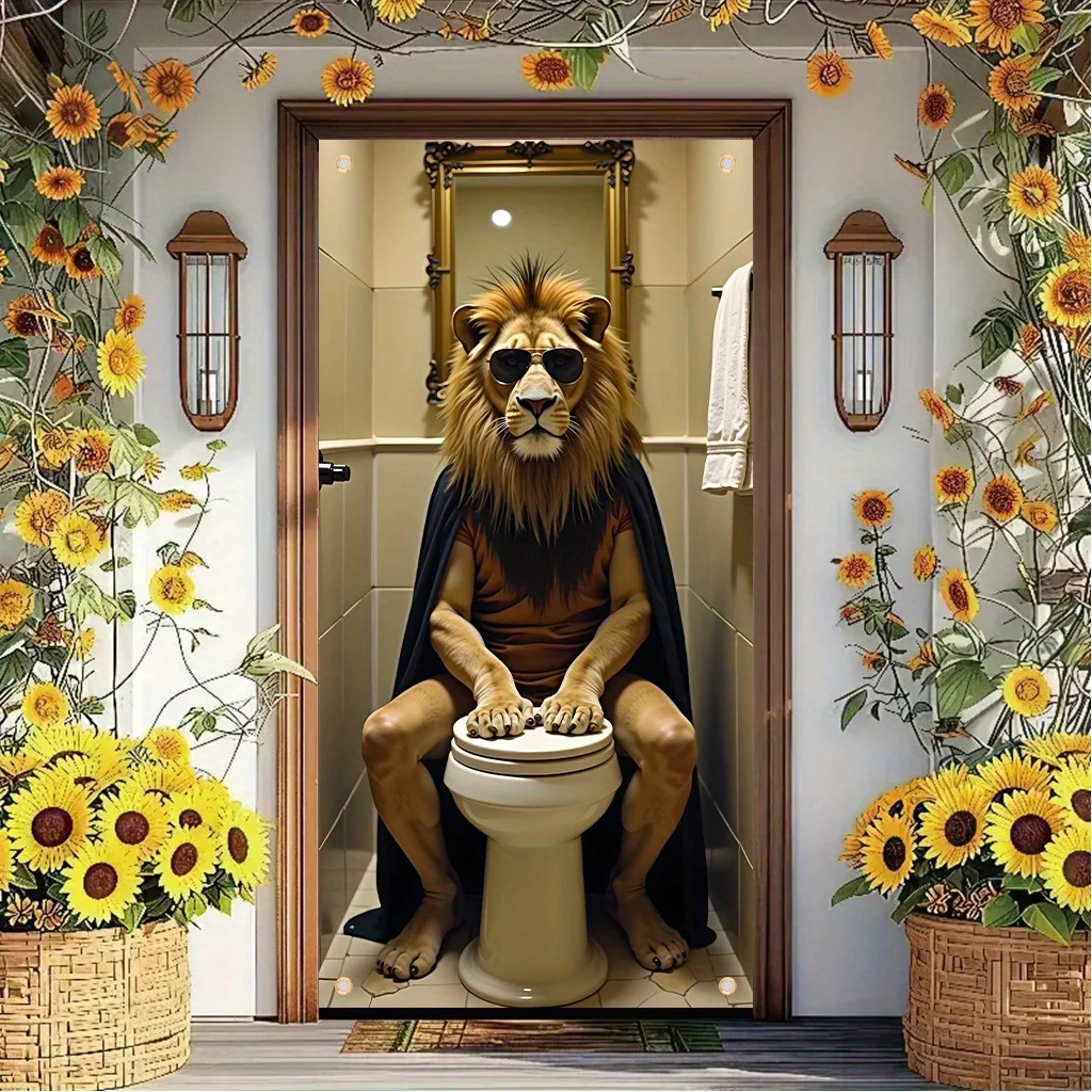 2D curtain, single piece. A lion wearing fashionable glasses is sitting on the toilet. Interior and exterior decorations.