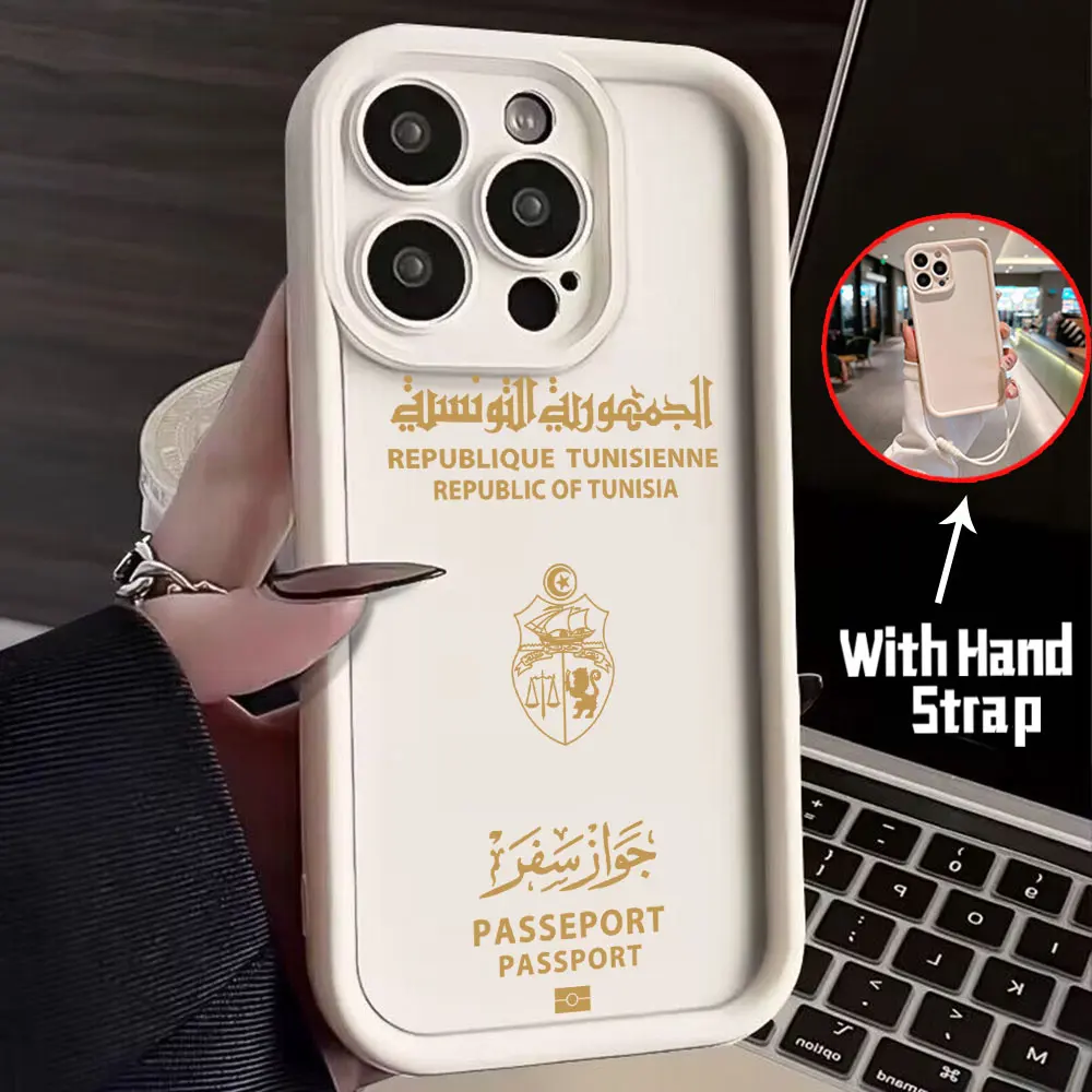 Tunisia Passport Phone Case for IPhone 15 14 13 12 11 Pro Max Mini XR XS X 7 8 Plus Soft TPU Back Cover With Hand Strap