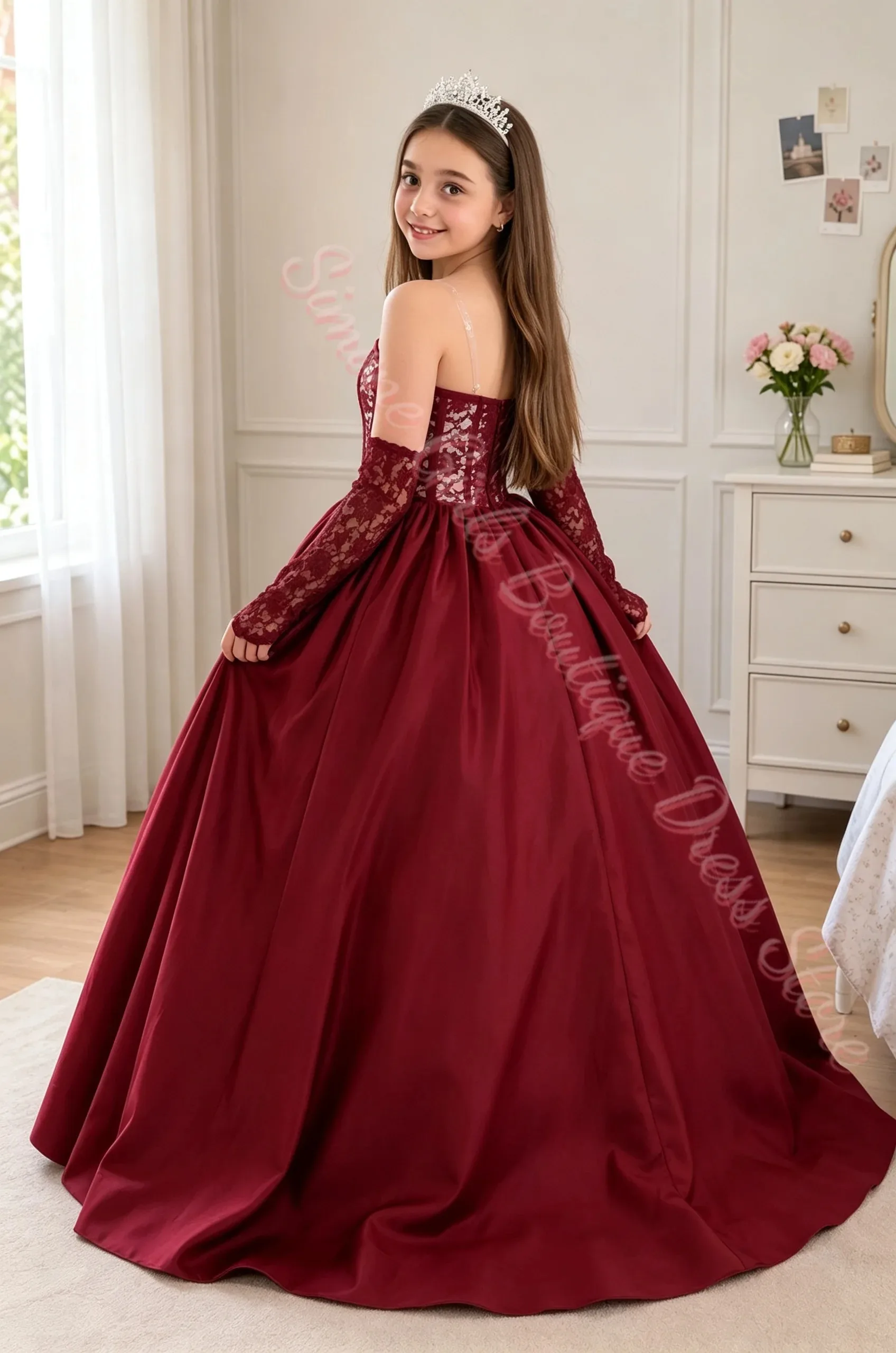 Großhandel Spitzenapplikation Mädchen Festkleid Tüll Langarm Blumenmädchenkleid Tüll Prinzessinnenkleid Langes Ballkleid Mädchen Maßanfertigung – Detail 3