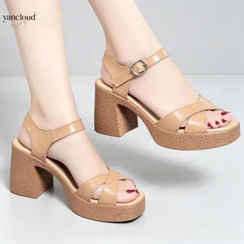 8cm Elegant Thick Bottom Chunky Platform Sandals Women Shoes Block High Heel Summer 2026 Genuine Leather Sandals Model Office