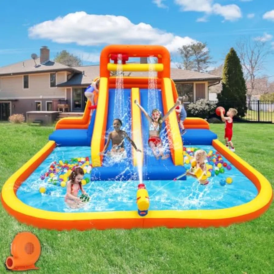 Backyard inflatable water park for big kids: PVC material, blue and yellow, upgraded dual slides with climbing walls, large spl