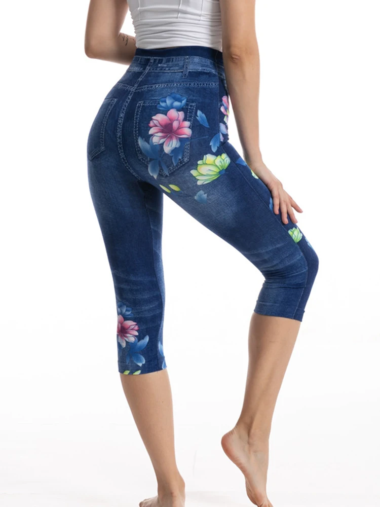 CUHAKCI Push-Up Sport Capri Blume Gedruckt Leggings Frauen Faux Denim Leggins Nahtlose Sexy Kurze Hohe Taille Gym Übung Weibliche