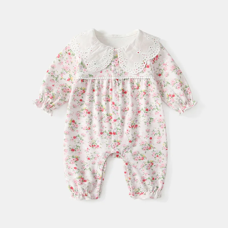 

Baby Pink Floral Cotton Rompers Kids Spring Costume Boy Girl Cartoon Print Onesies Kawaii Toddler Outfit