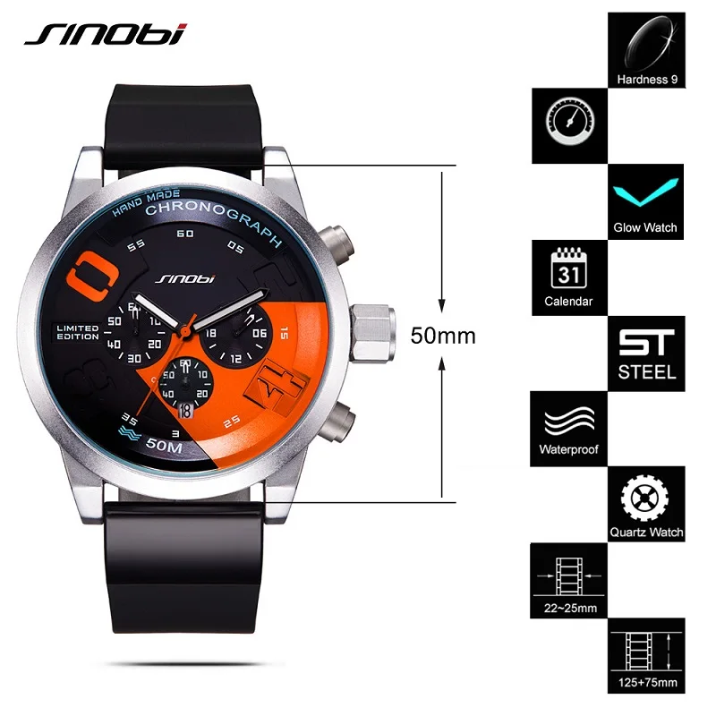 SINOBI Men Sports Watches  Waterproof Black Dial Males Chronograph Quartz Wrist Watch 2017 New Fast Furious Relogio Masculino