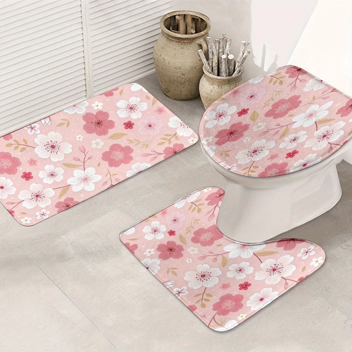

Набор из 3 предметов для декора ванной комнаты с цветочным принтом, полиэфирная ткань, можно стирать в машине, U-образный коврик, коврик для ванной комнаты, коврик для чехла на сиденье унитаза