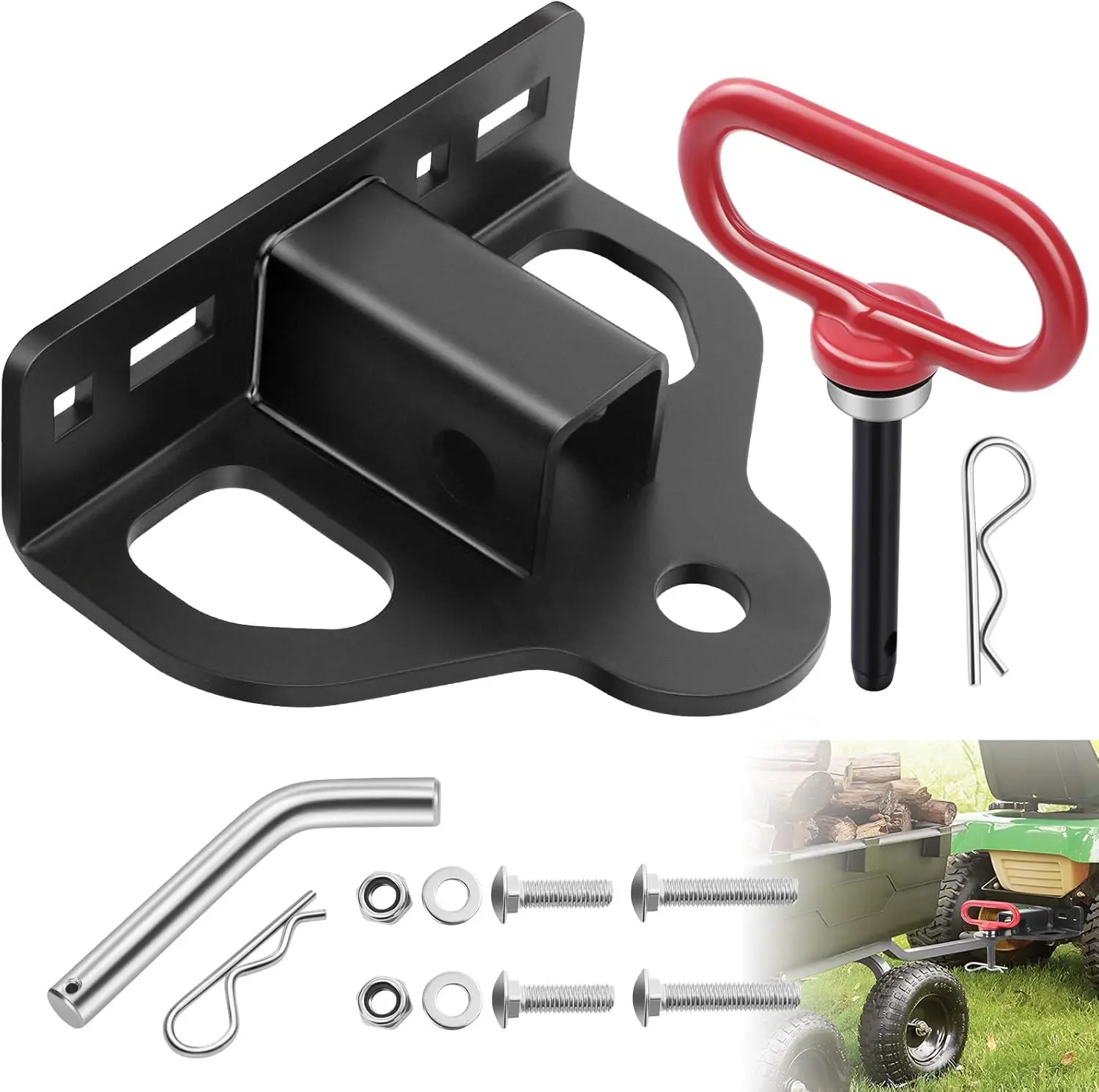 

Zero Turn Lawn Mower Hitch, 1-1/4' Receiver, Heavy Duty Bolt-On with Chain Slot, Magnetic & 5/8' Pin & Clips