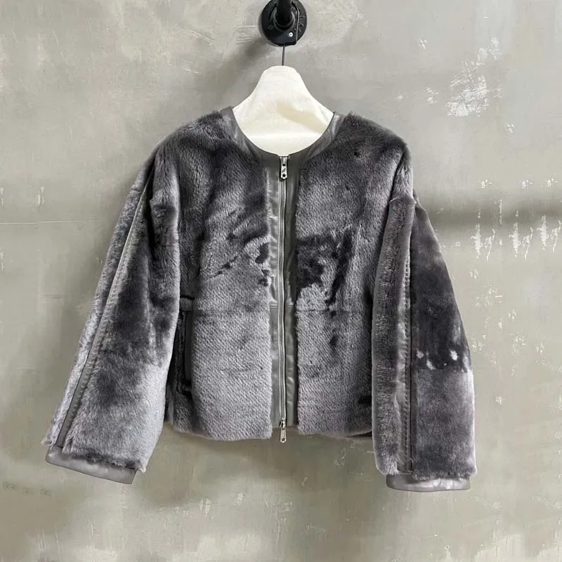 

genuine leather jacket o-neck collar clothes short length 2025 new fashion high quality real wool fur