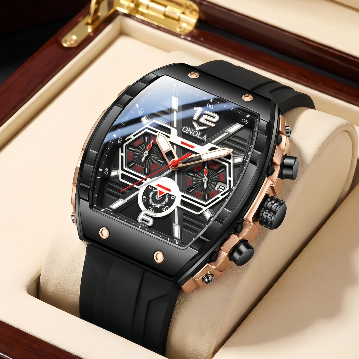 Fashion Design Hot Selling Men\'s Watch ONOLA Multi Functional Waterproof Silicon Tape Quartz Luxury Watches Men Colok
