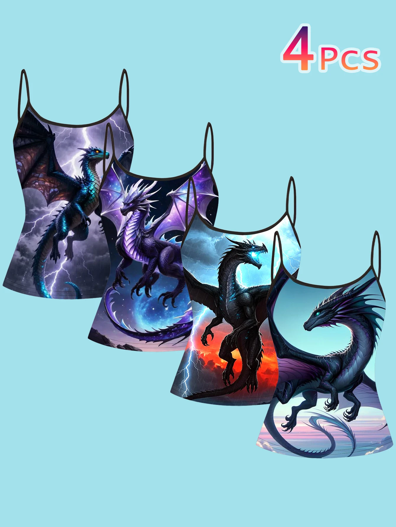 4-Piece Set of Dark Fantasy Dragon-Themed Camisole Set with Magical Purple Dragon and Ice Dragon Patterns, Slim-Fit Women's Inner Tank Top