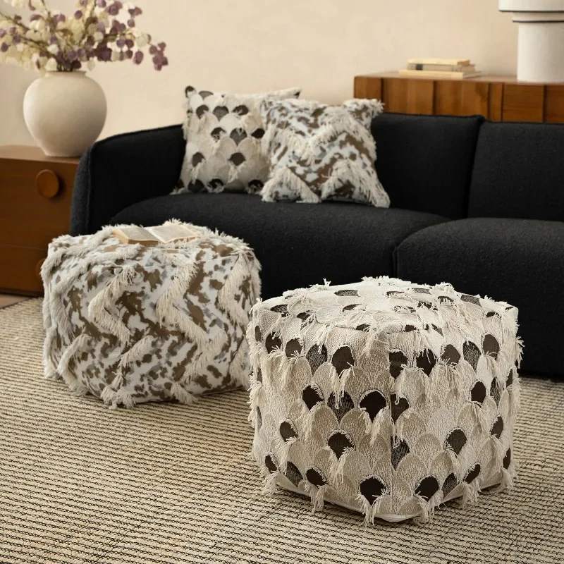 Boho Tassel Woven Jacquard Pouf Cover, Thick Square Floor Seat Cushion Slipcover, Home Decor Ottoman Cover Only No Filler