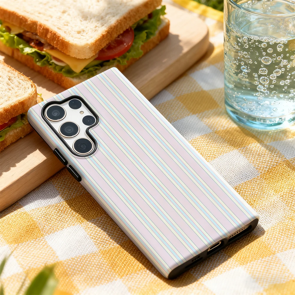 حافظة هاتف هارموني مخططة باللون الوردي لهاتف سامسونج جالاكسي S25 Ultra S24 S23 Ultra Plus غطاء خلفي لامع بطبقة مزدوجة