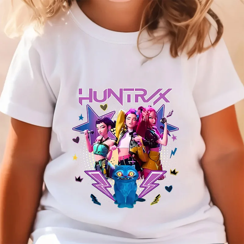 

Детские футболки с рисунком KPop Demon Hunters, летние футболки с короткими рукавами и героями мультфильмов, повседневные топы с графическим принтом для девочек и мальчиков, подарок