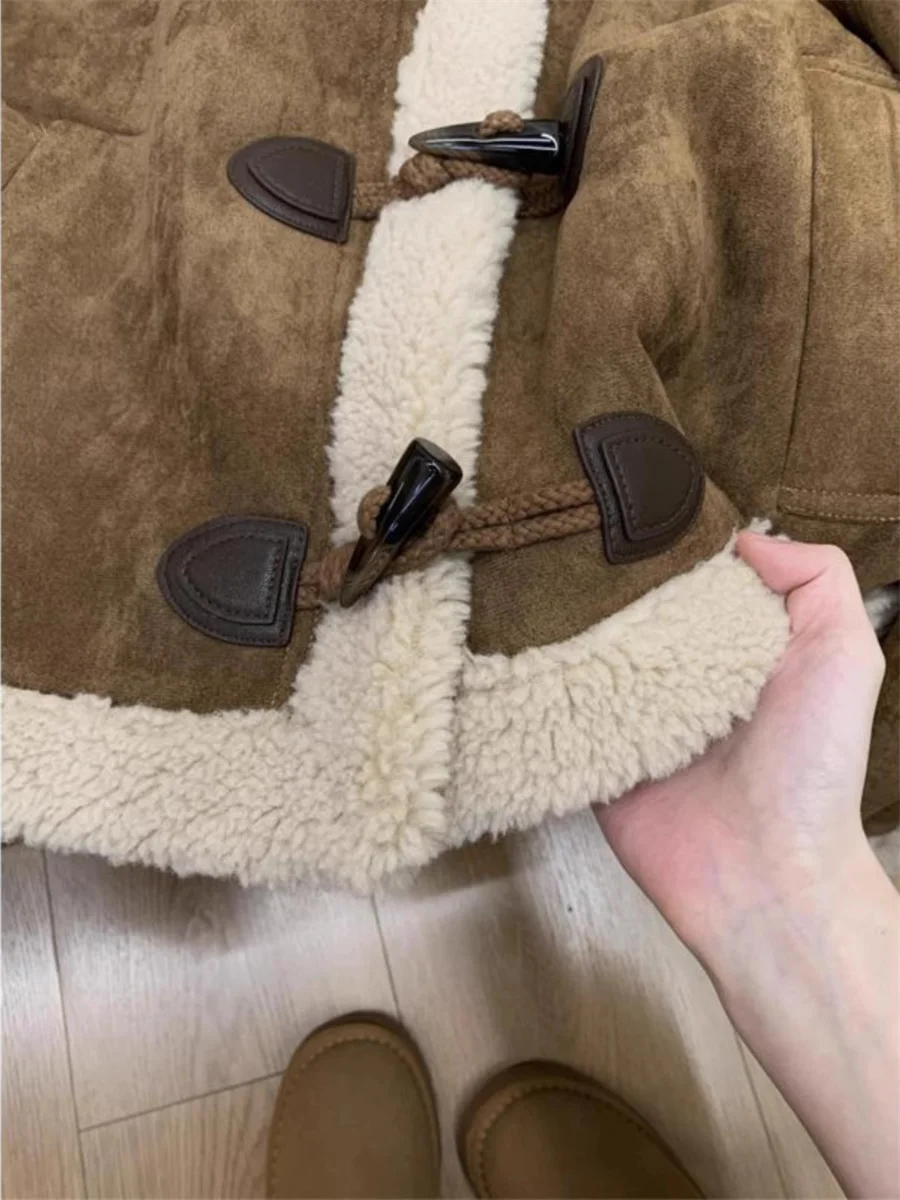 Jaet à capuche en fourrure d'agneau et daim pour femme, manteau ample en coton, rétro américain, Design Sense, fermeture à bouton, automne hiver