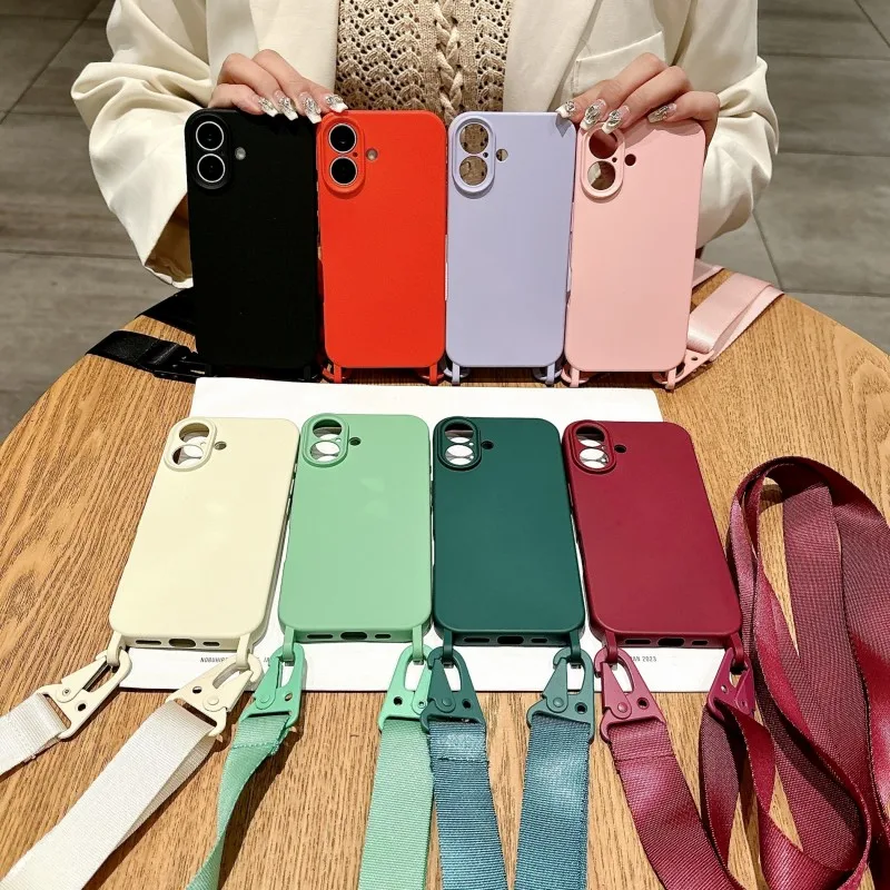 Silicone Case For iPhone 15 11 14 12 13 16 Pro Max Plus 15Pro 14Pro TPU Shockproof Crossbody Lanyard Strap Cord Candy Soft Cover